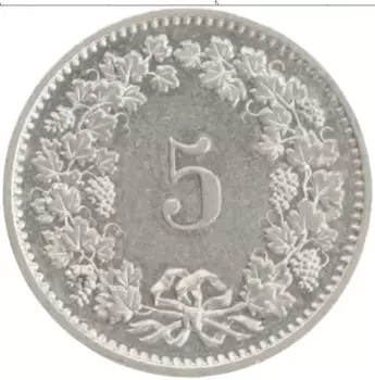Монета 5 рапп Швейцарии 1975 года Медно-никель