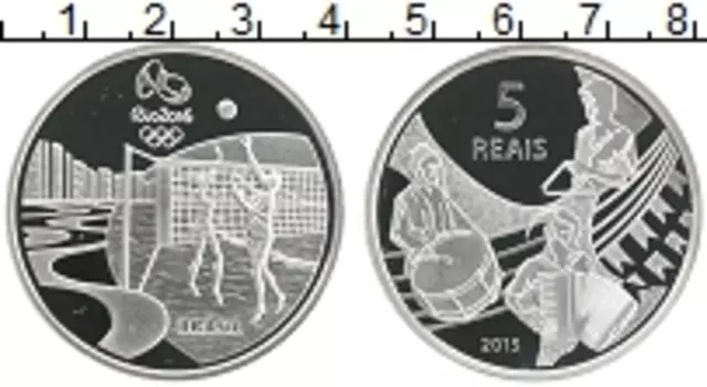 Монета 5 реалов Бразилии 2015 года Серебро XXXI летние Олимпийские Игры, Рио-де-Жанейро 2016 - Пляжный волейбол и Шоро