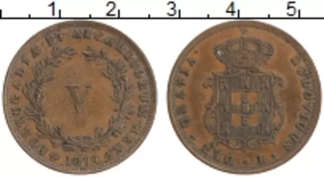 Монета 5 рейс Португалии 1874 года Медь Луиш I