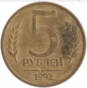 Монета 5 рублей России 1992 года Латунь М
