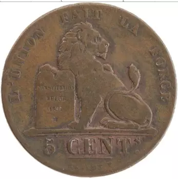 Монета 5 сантим Бельгии 1842 года Медь