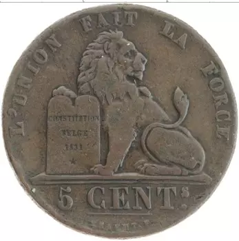 Монета 5 сантим Бельгии 1842 года Медь Леопольд