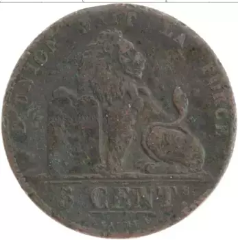 Монета 5 сантим Бельгии 1850 года Медь Леопольд