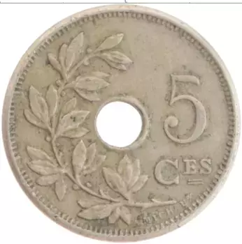 Монета 5 сантим Бельгии 1904 года Медно-никель