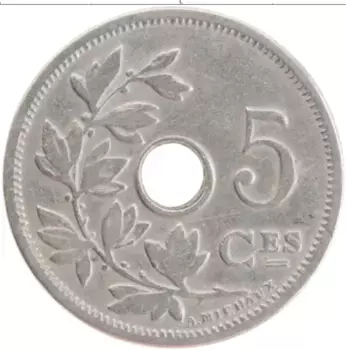 Монета 5 сантим Бельгии 1905 года Медно-никель