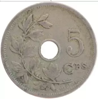 Монета 5 сантим Бельгии 1905 года Медно-никель