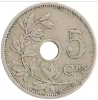 Монета 5 сантим Бельгии 1905 года Медно-никель