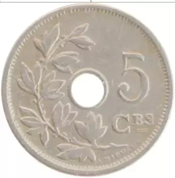 Монета 5 сантим Бельгии 1906 года Медно-никель