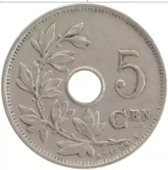 Монета 5 сантим Бельгии 1910 года Медно-никель