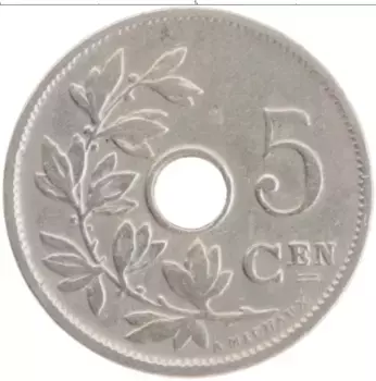 Монета 5 сантим Бельгии 1910 года Медно-никель