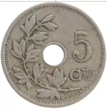 Монета 5 сантим Бельгии 1910 года Медно-никель