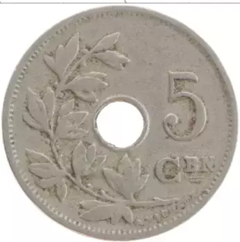 Монета 5 сантим Бельгии 1910 года Медно-никель