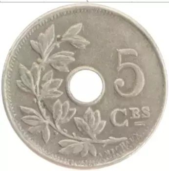 Монета 5 сантим Бельгии 1910 года Медно-никель