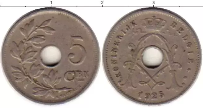 Монета 5 сантим Бельгии 1925 года Медно-никель