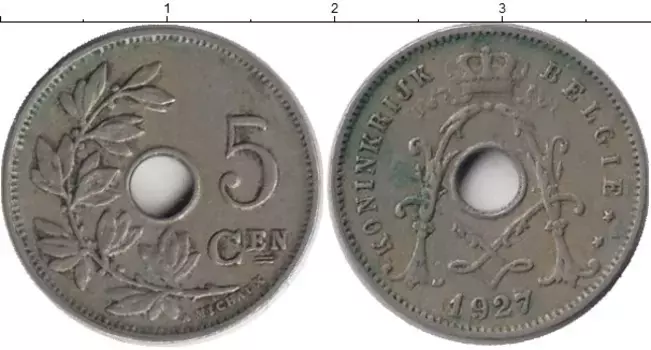Монета 5 сантим Бельгии 1927 года Медно-никель