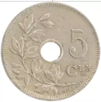 Монета 5 сантим Бельгии 1927 года Медно-никель
