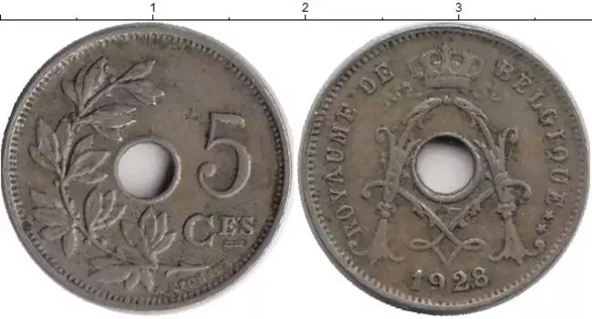 Монета 5 сантим Бельгии 1928 года Медно-никель