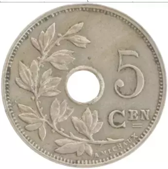 Монета 5 сантим Бельгии 1928 года Медно-никель