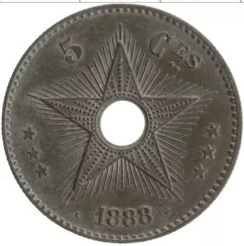 Монета 5 сантим Бельгийского Конго 1888 года Медь Леопольд II