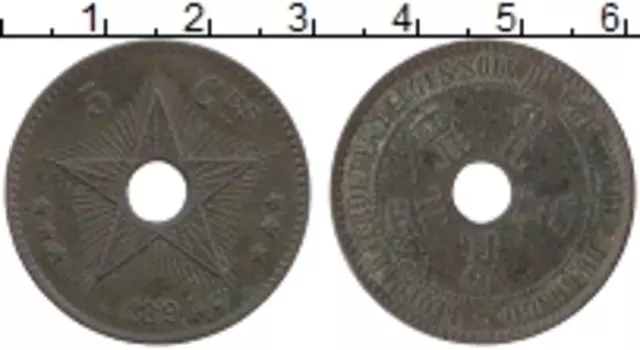 Монета 5 сантим Бельгийского Конго 1894 года Медь Леопольд II