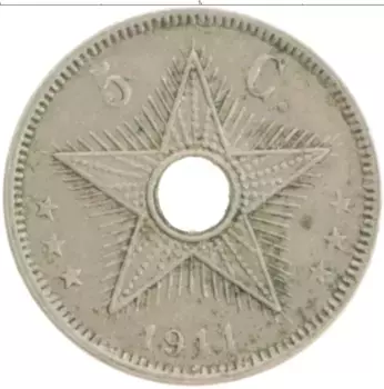 Монета 5 сантим Бельгийского Конго 1911 года Медно-никель Альберт I