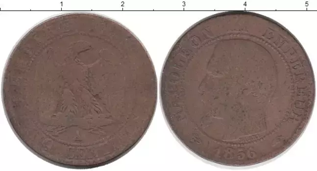 Монета 5 сантим Франции 1856 года Бронза Наполеон III