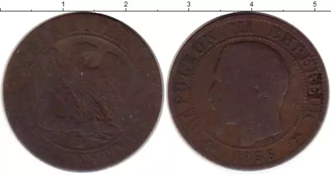 Монета 5 сантим Франции 1856 года Бронза Наполеон III