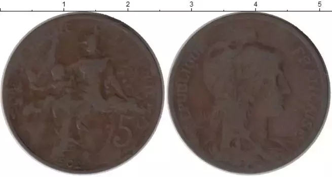 Монета 5 сантим Франции 1902 года Бронза