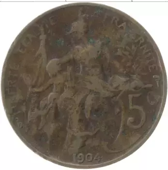 Монета 5 сантим Франции 1904 года Бронза