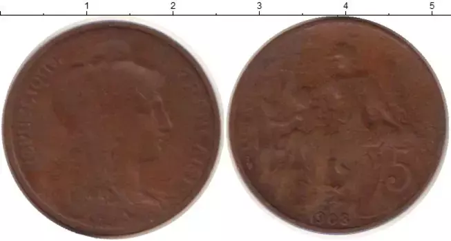 Монета 5 сантим Франции 1908 года Бронза Марианна