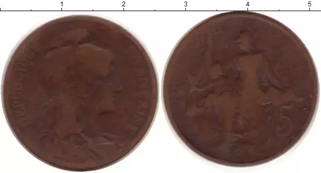 Монета 5 сантим Франции 1908 года Бронза