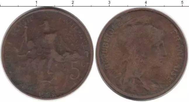 Монета 5 сантим Франции 1908 года Бронза аррарараррааааррара