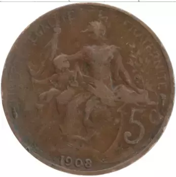 Монета 5 сантим Франции 1908 года Бронза