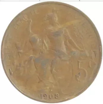 Монета 5 сантим Франции 1908 года Бронза