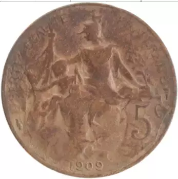 Монета 5 сантим Франции 1909 года Бронза