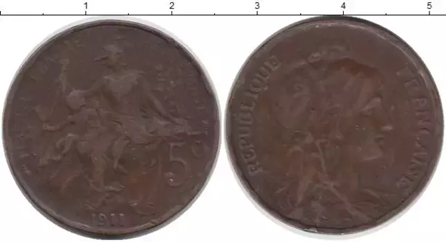 Монета 5 сантим Франции 1911 года Бронза