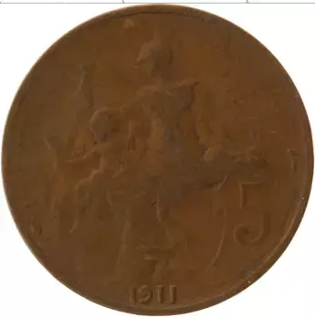 Монета 5 сантим Франции 1911 года Бронза