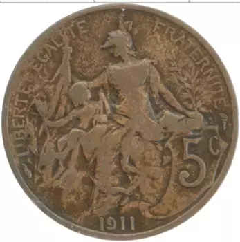 Монета 5 сантим Франции 1911 года Бронза