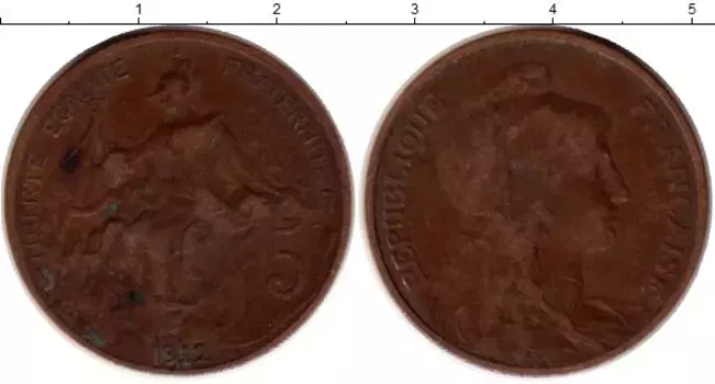 Монета 5 сантим Франции 1912 года Бронза