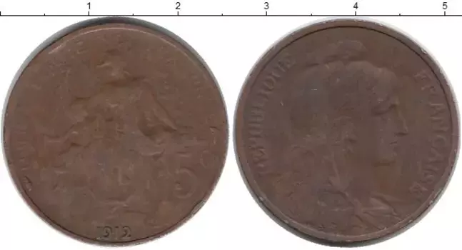 Монета 5 сантим Франции 1912 года Бронза