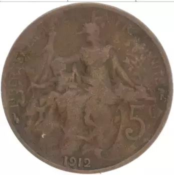 Монета 5 сантим Франции 1912 года Бронза