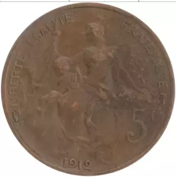 Монета 5 сантим Франции 1912 года Бронза