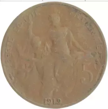 Монета 5 сантим Франции 1912 года Бронза