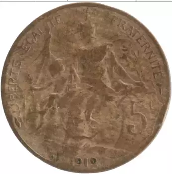 Монета 5 сантим Франции 1912 года Бронза