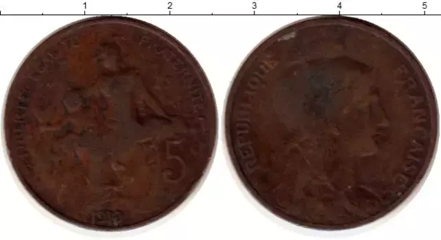 Монета 5 сантим Франции 1913 года Бронза