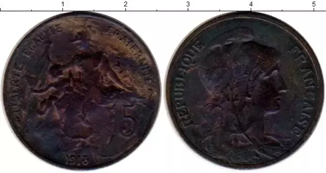 Монета 5 сантим Франции 1913 года Бронза