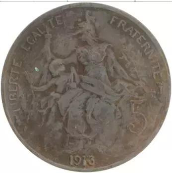 Монета 5 сантим Франции 1913 года Бронза