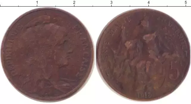 Монета 5 сантим Франции 1913 года Медь