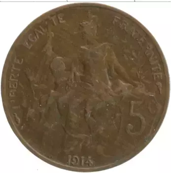 Монета 5 сантим Франции 1914 года Бронза