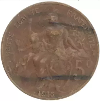 Монета 5 сантим Франции 1915 года Бронза